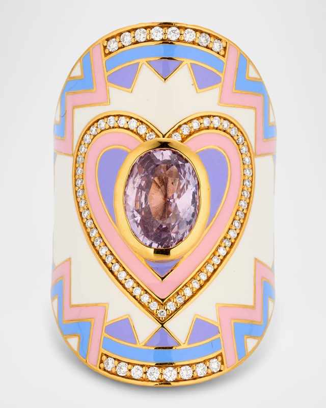 20K Heart Wrap Ring with Enamel, Spinel and Diamonds